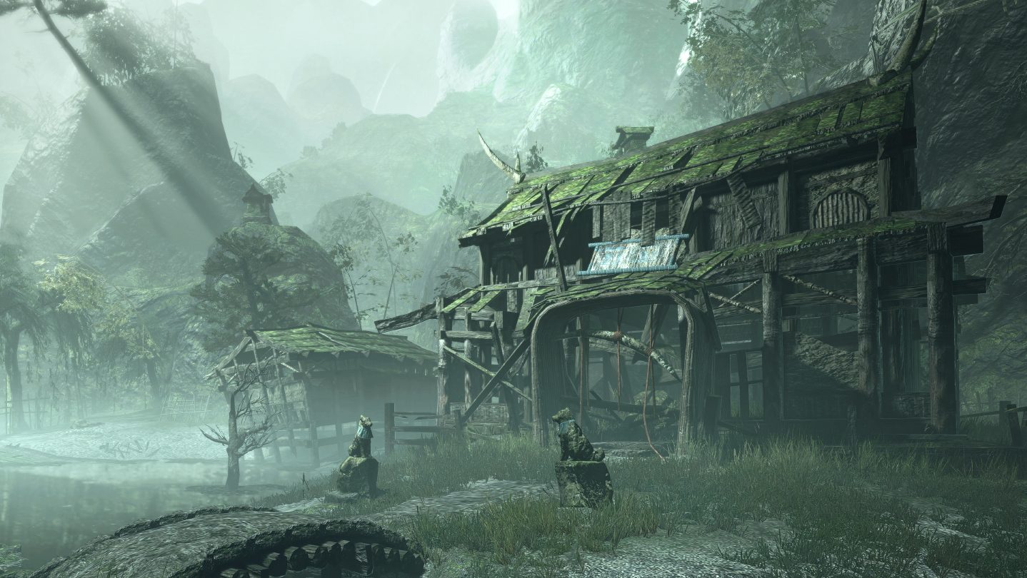 Imagen oficial de Steam de Monster Hunter Rise con un edificio de madera cubierto de musgo y una pequeña estatua de piedra a la orilla del agua en un valle con niebla