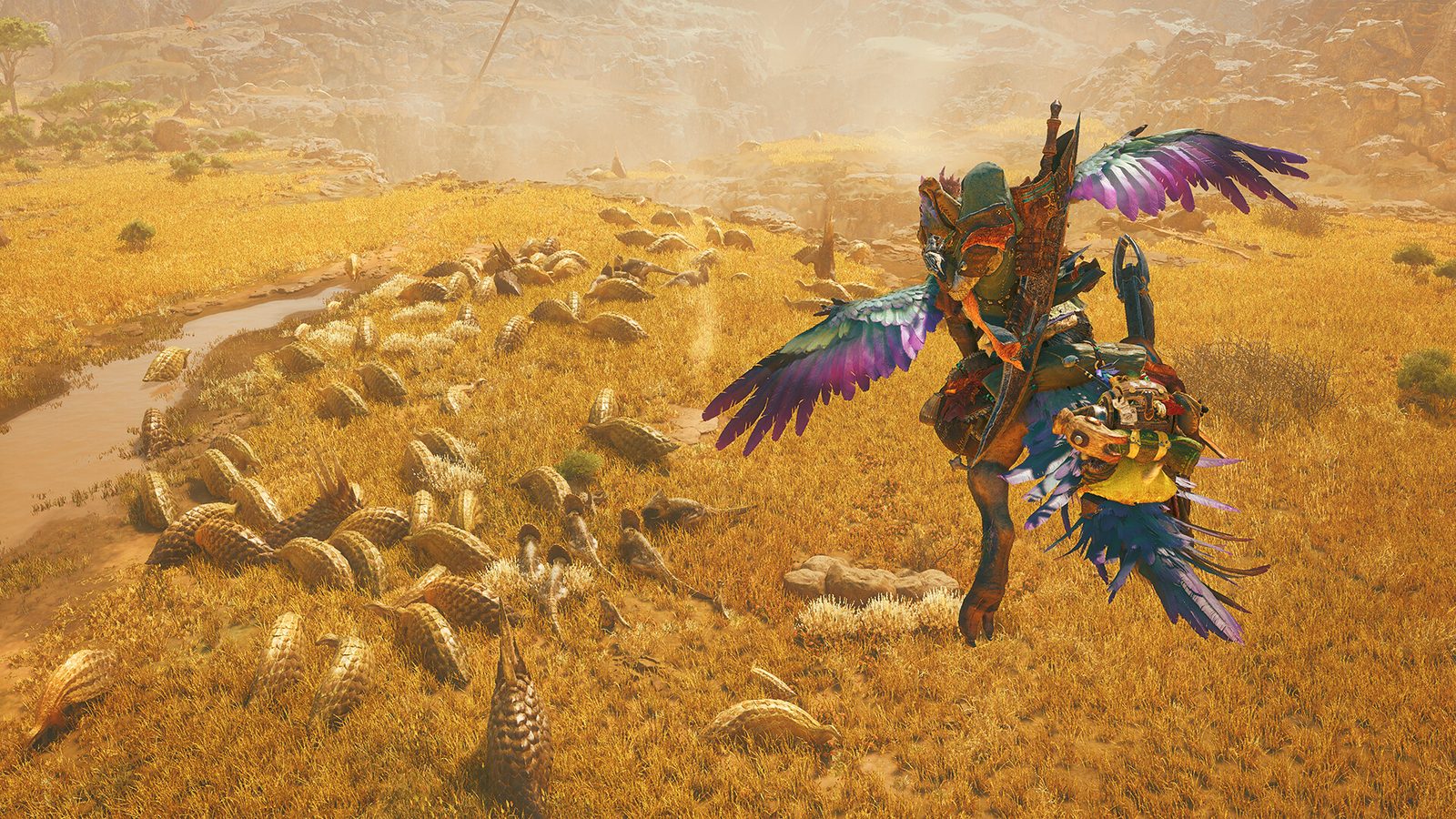 魔物獵人 荒野 獵人騎著鳥形坐騎穿越颳著沙暴的遼闊平原的背影 1