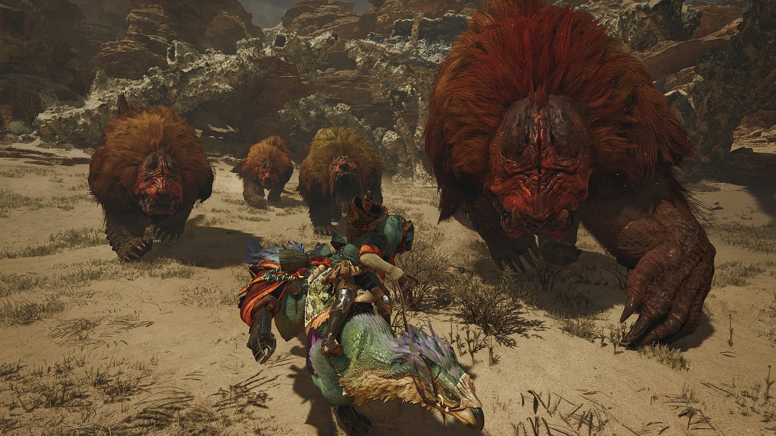 魔物獵人 荒野 獵人騎著鳥形坐騎穿越颳著沙暴的遼闊平原的背影 6