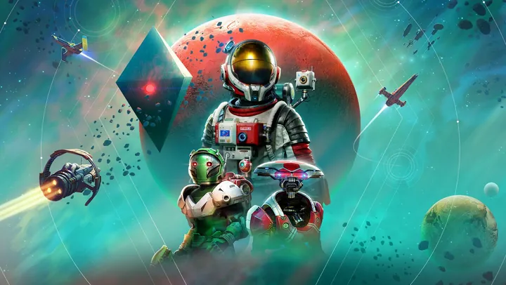 Un astronauta con visor dorado está de pie junto a un alienígena con casco verde y un robot con cabeza de disco, con una nebulosa verde azulada y un planeta rojo al fondo