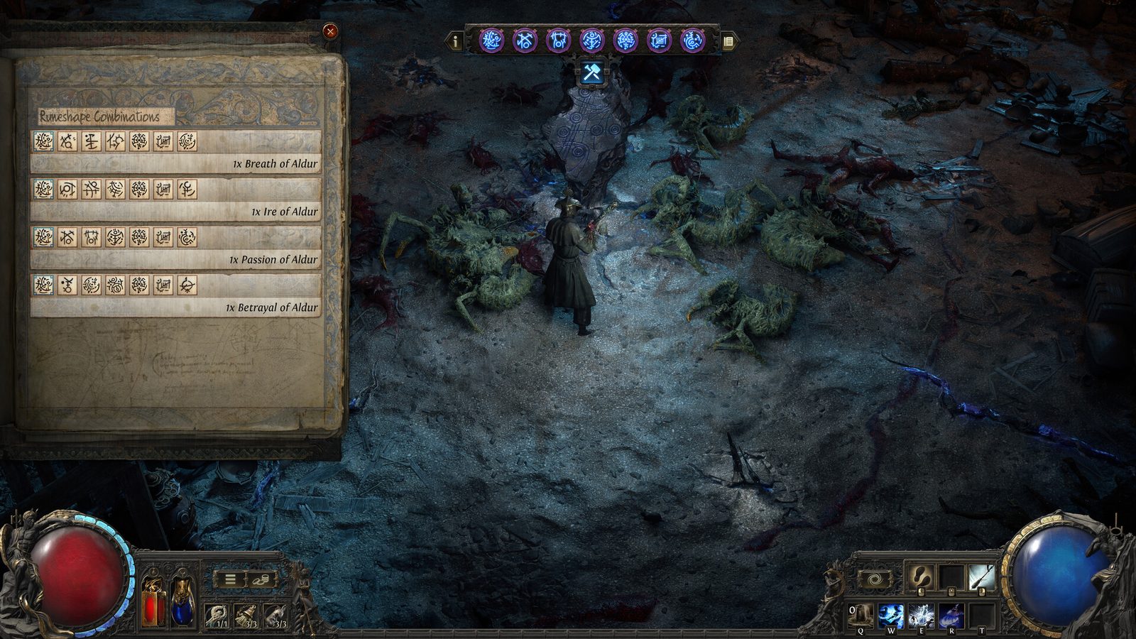 Path of Exile 2 안개가 낮게 깔린 폐허 성채의 안뜰에서 창을 쥔 유배자가 불이 꺼진 제단 앞에 서서 아래쪽 계곡을 내려다보는 장면 2