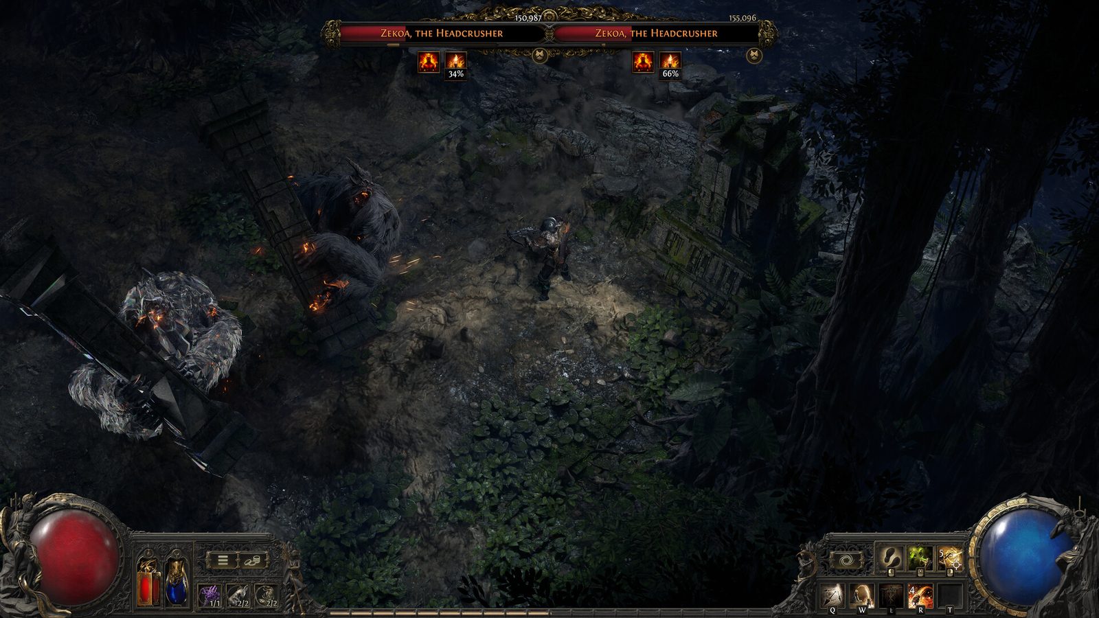 Path of Exile 2 안개가 낮게 깔린 폐허 성채의 안뜰에서 창을 쥔 유배자가 불이 꺼진 제단 앞에 서서 아래쪽 계곡을 내려다보는 장면 6