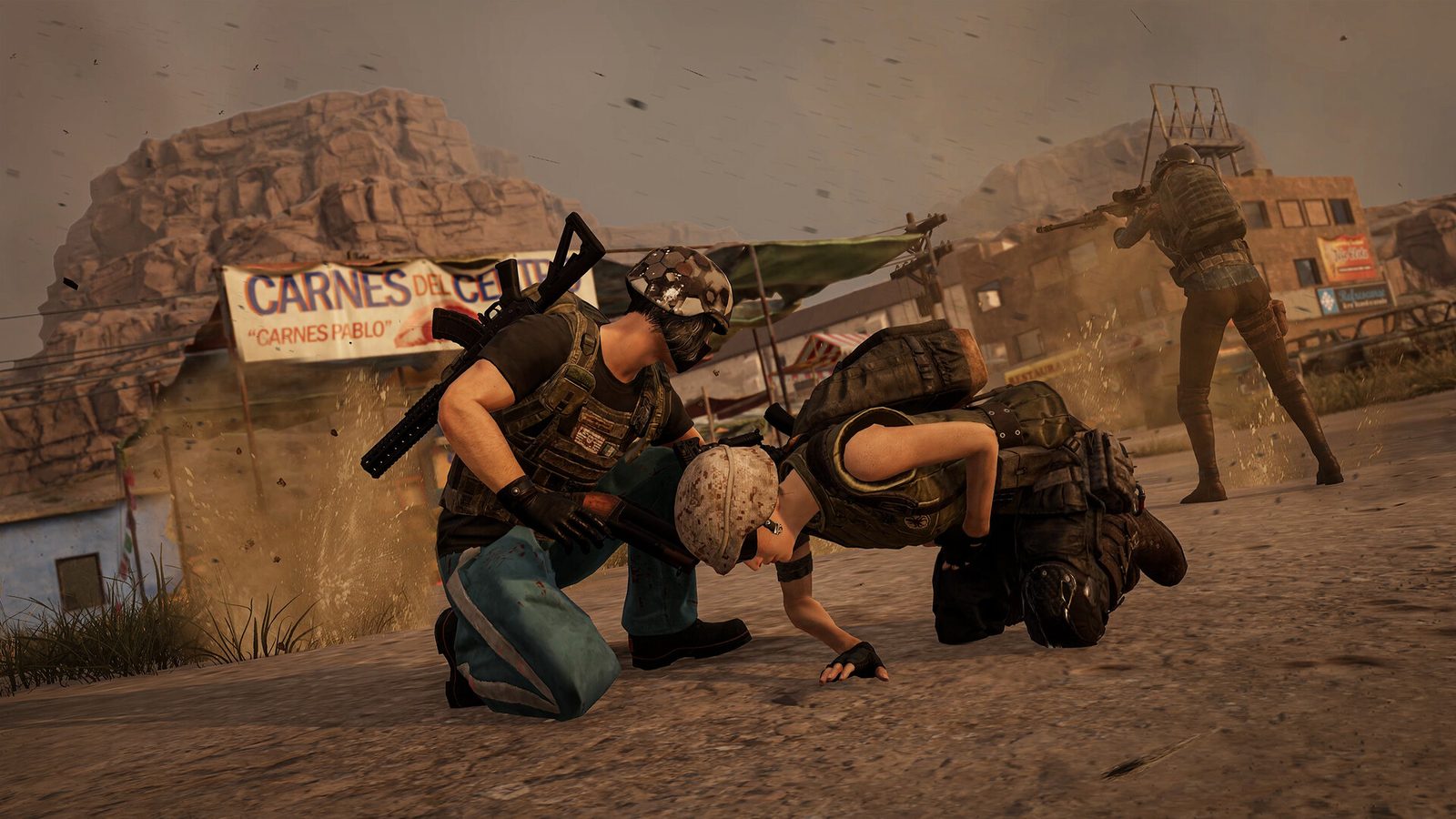 PUBG: BATTLEGROUNDS Un escuadrón de supervivientes armados y con casco avanza entre el polvo bajo un cielo nublado lleno de paracaídas 2