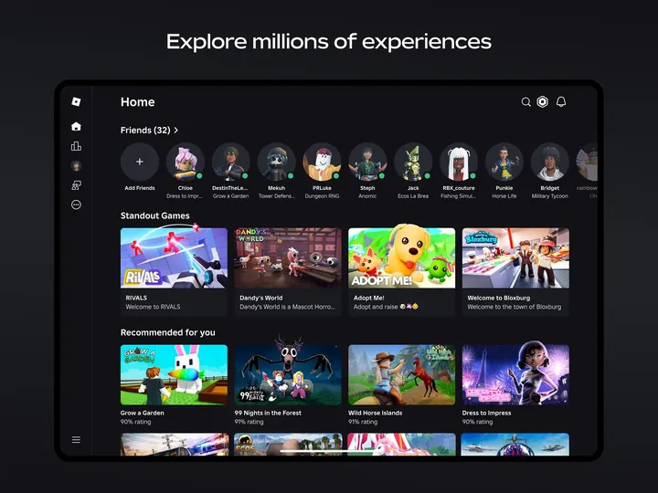 La pantalla de inicio de la app de Roblox, con una fila de amigos sobre las miniaturas de juegos como RIVALS y Adopt Me!