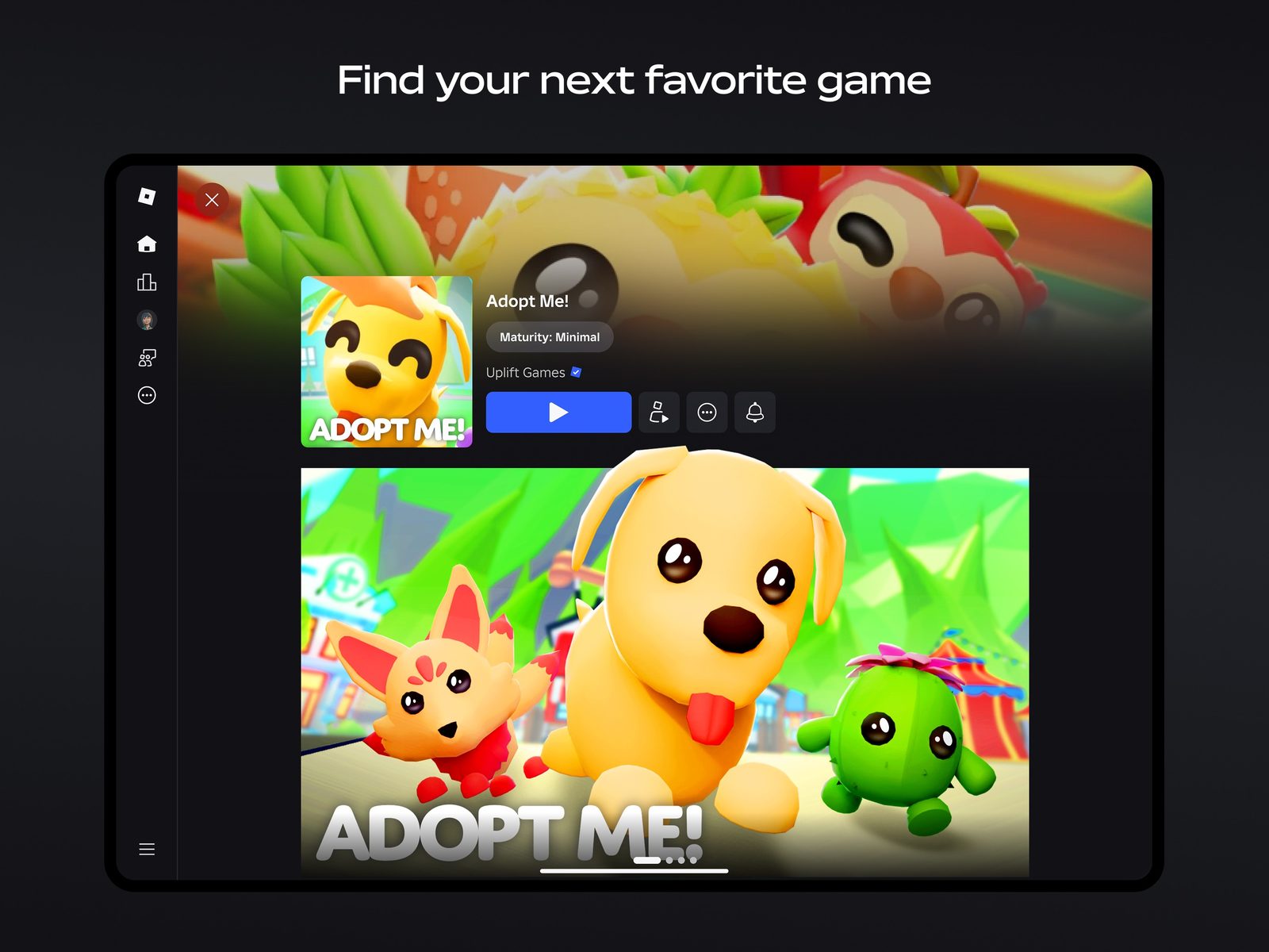 Roblox La pantalla de inicio de la app de Roblox, con una fila de amigos sobre las miniaturas de juegos como RIVALS y Adopt Me! 2