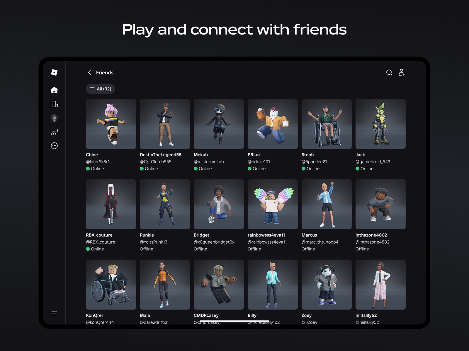 Roblox La pantalla de inicio de la app de Roblox, con una fila de amigos sobre las miniaturas de juegos como RIVALS y Adopt Me! 4
