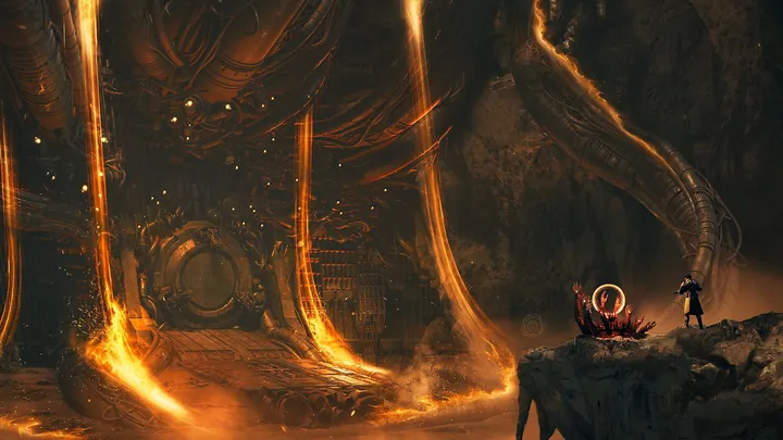 Official Saros image showing a small human figure standing on a rock beside a red ring-shaped device, beneath a huge vine-like structure glowing like lava