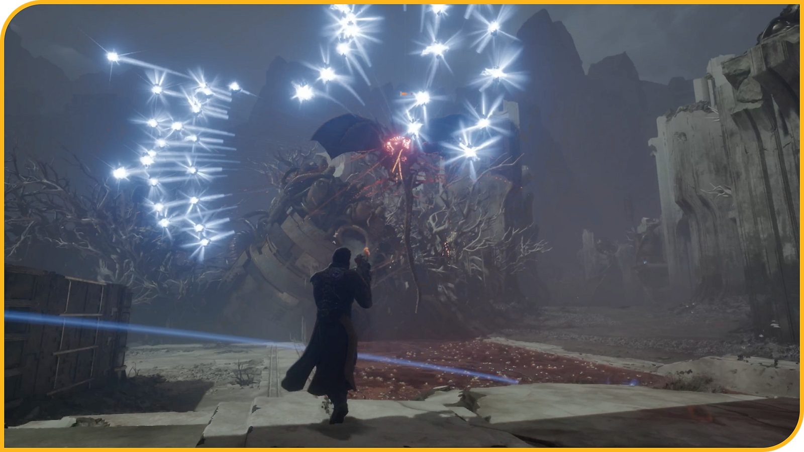 Official Saros image showing a small human figure standing on a rock beside a red ring-shaped device, beneath a huge vine-like structure glowing like lava 3
