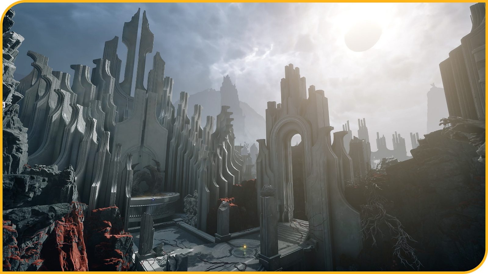 Official Saros image showing a small human figure standing on a rock beside a red ring-shaped device, beneath a huge vine-like structure glowing like lava 4