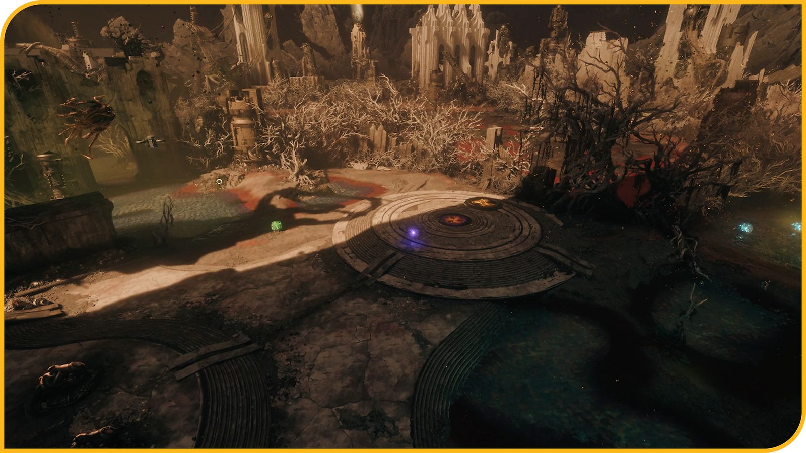 Official Saros image showing a small human figure standing on a rock beside a red ring-shaped device, beneath a huge vine-like structure glowing like lava 6