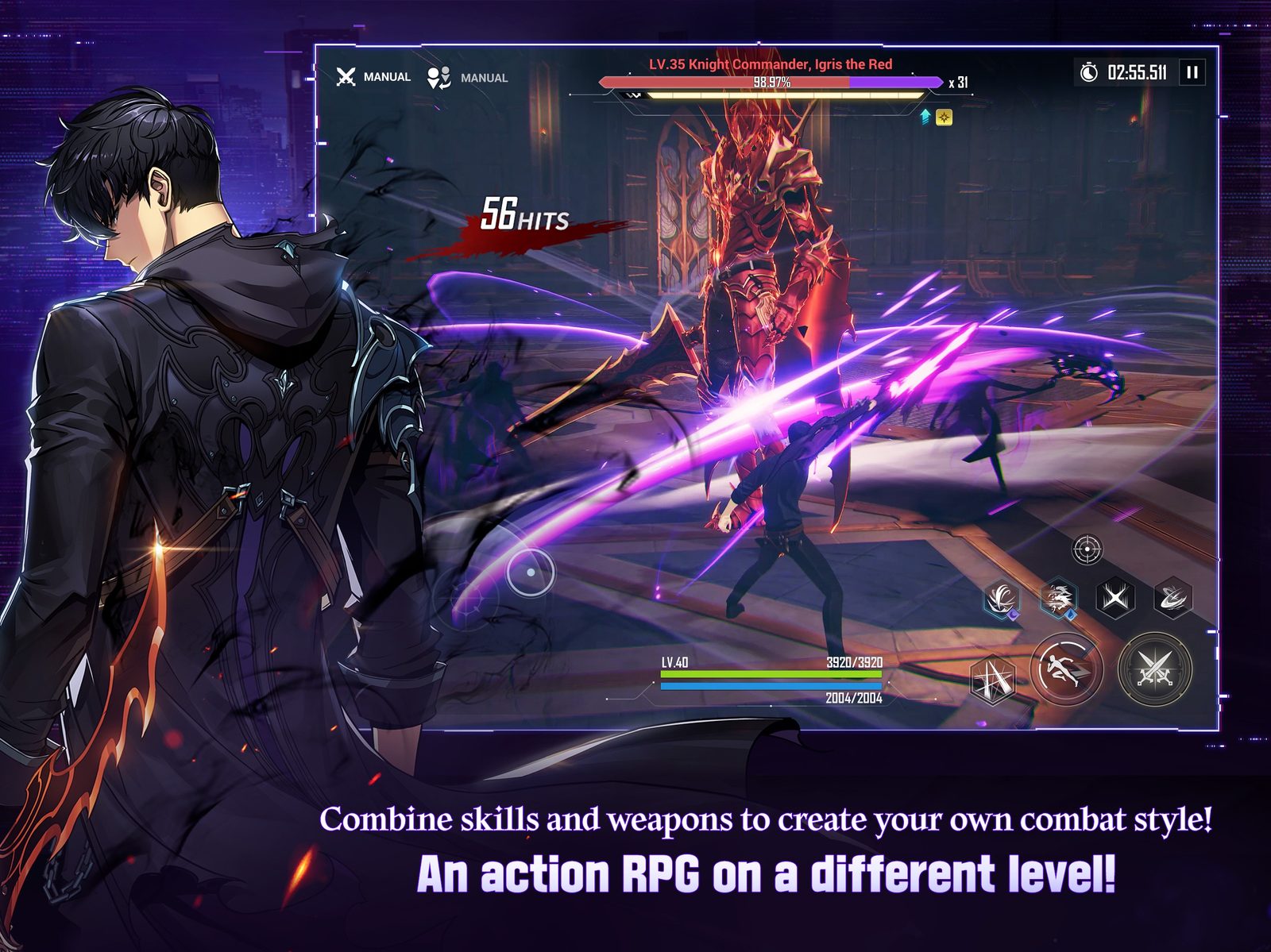 Official Solo Leveling:Arise image showing Sung Jinwoo in a black coat, with a huge armored shadow soldier standing behind him amid purple shadow energy 2