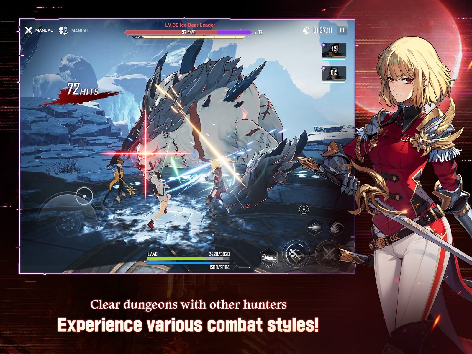 Official Solo Leveling:Arise image showing Sung Jinwoo in a black coat, with a huge armored shadow soldier standing behind him amid purple shadow energy 3