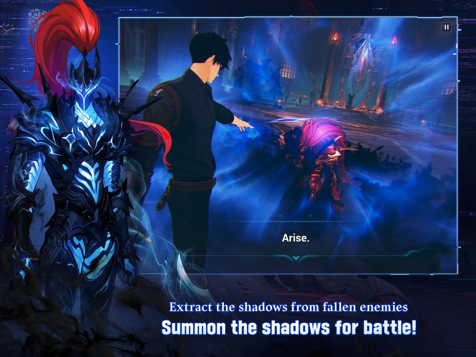 Official Solo Leveling:Arise image showing Sung Jinwoo in a black coat, with a huge armored shadow soldier standing behind him amid purple shadow energy 4