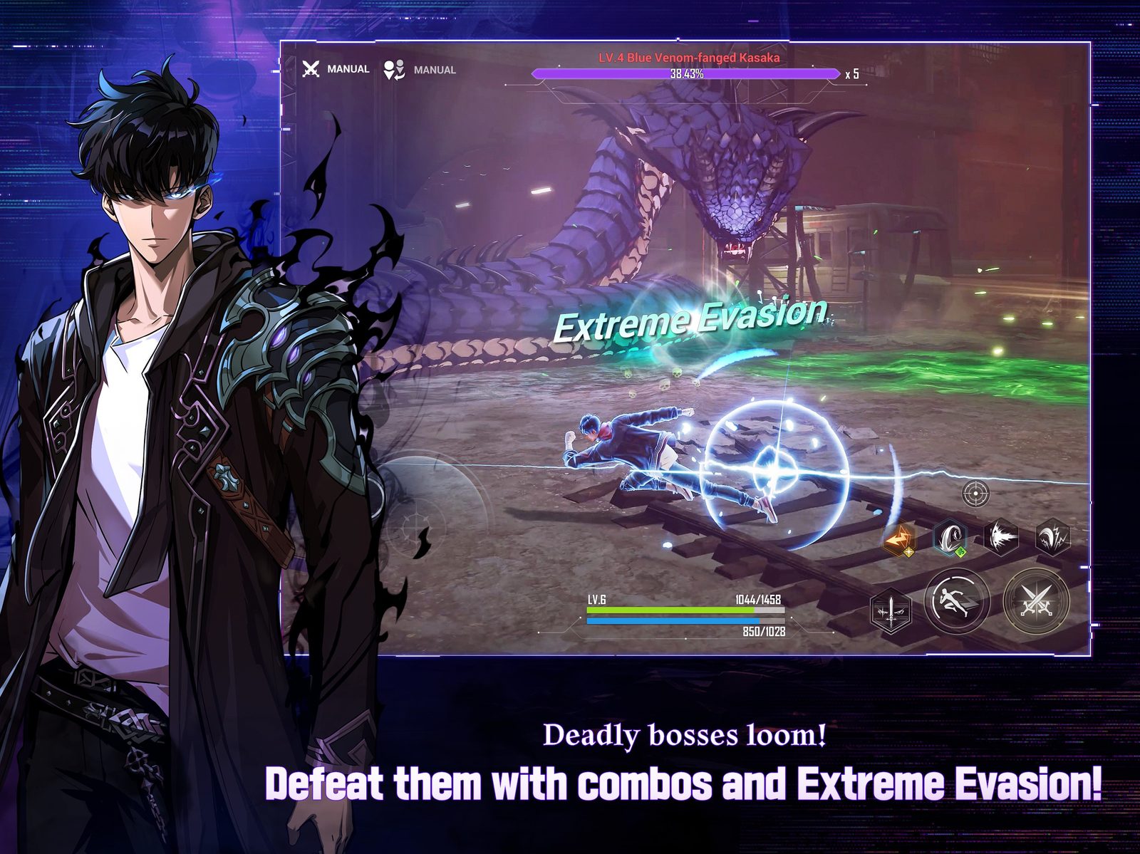 Official Solo Leveling:Arise image showing Sung Jinwoo in a black coat, with a huge armored shadow soldier standing behind him amid purple shadow energy 5