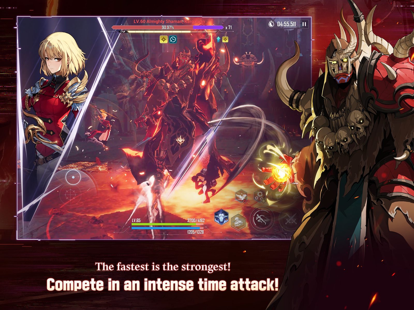 Official Solo Leveling:Arise image showing Sung Jinwoo in a black coat, with a huge armored shadow soldier standing behind him amid purple shadow energy 6