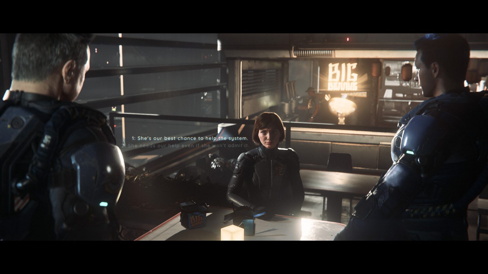 Una captura de Squadron 42 en Steam muestra a un soldado con traje espacial caminando junto a un caza posado sobre el suelo oscuro de un hangar, mientras otra nave cruza el cielo 4