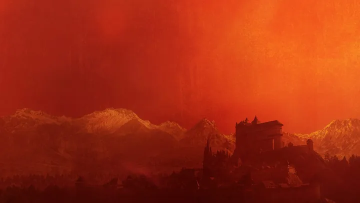Una aldea del siglo XIV de noche tras la peste, con una figura encapuchada de pie sobre la muralla ante una luna roja y callejones iluminados por lámparas abajo