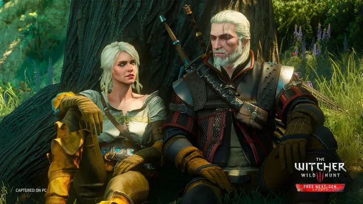 Geralt y Ciri sentados uno junto al otro bajo un árbol