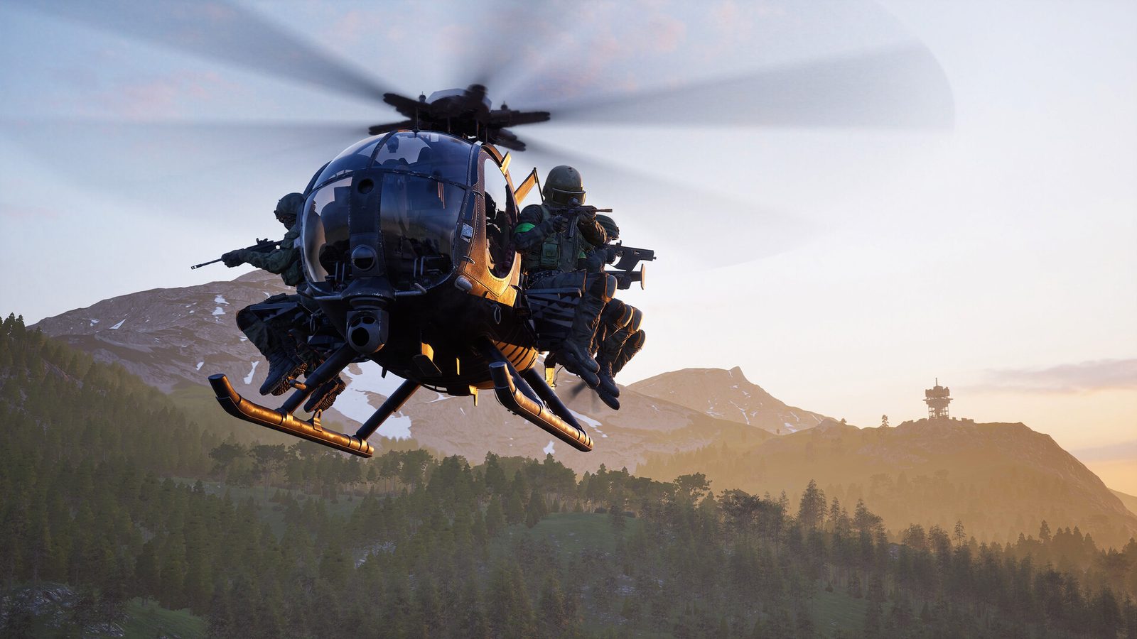 A light helicopter flying low over a ridgeline with soldiers seated on the skids, weapons raised
