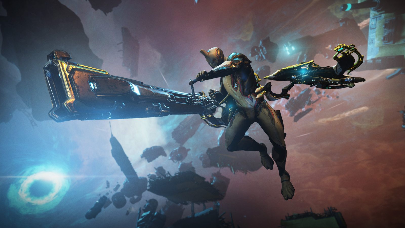Ilustración promocional de la Warframe Narin con una armadura de bordes azules, lanzándose hacia delante con una hoja de hielo en una cumbre nevada entre fragmentos de hielo que vuelan por el aire 3