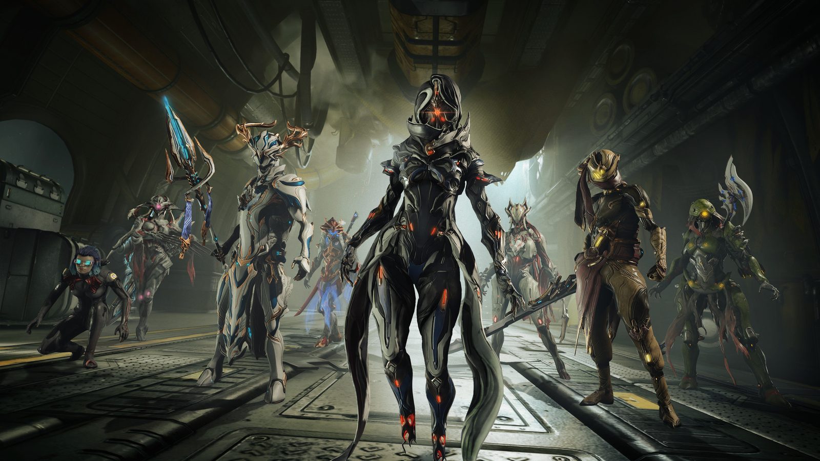 Ilustración promocional de la Warframe Narin con una armadura de bordes azules, lanzándose hacia delante con una hoja de hielo en una cumbre nevada entre fragmentos de hielo que vuelan por el aire 6