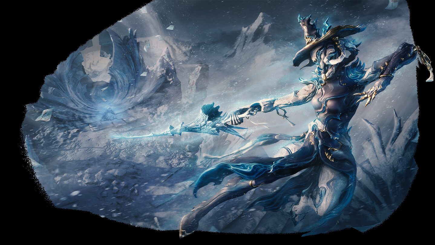 Ilustración promocional de la Warframe Narin con una armadura de bordes azules, lanzándose hacia delante con una hoja de hielo en una cumbre nevada entre fragmentos de hielo que vuelan por el aire