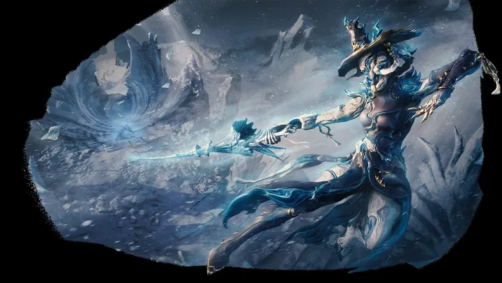 Ilustración promocional de la Warframe Narin con una armadura de bordes azules, lanzándose hacia delante con una hoja de hielo en una cumbre nevada entre fragmentos de hielo que vuelan por el aire