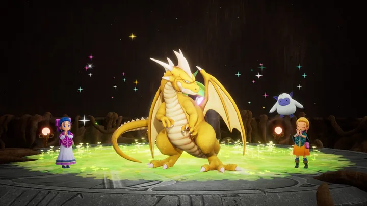 A golden dragon spreads its wings on a glowing circular altar while two girls and a white fluffy spirit look up at it from either side