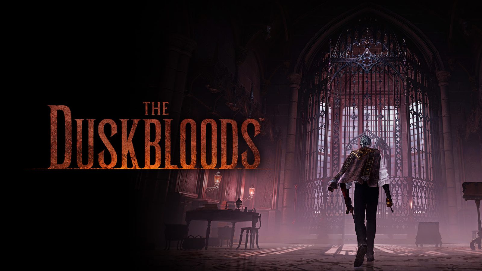昏暗的哥特式大厅里，披风人物走向被红光照亮的高窗，左侧是 THE DUSKBLOODS 标志 1