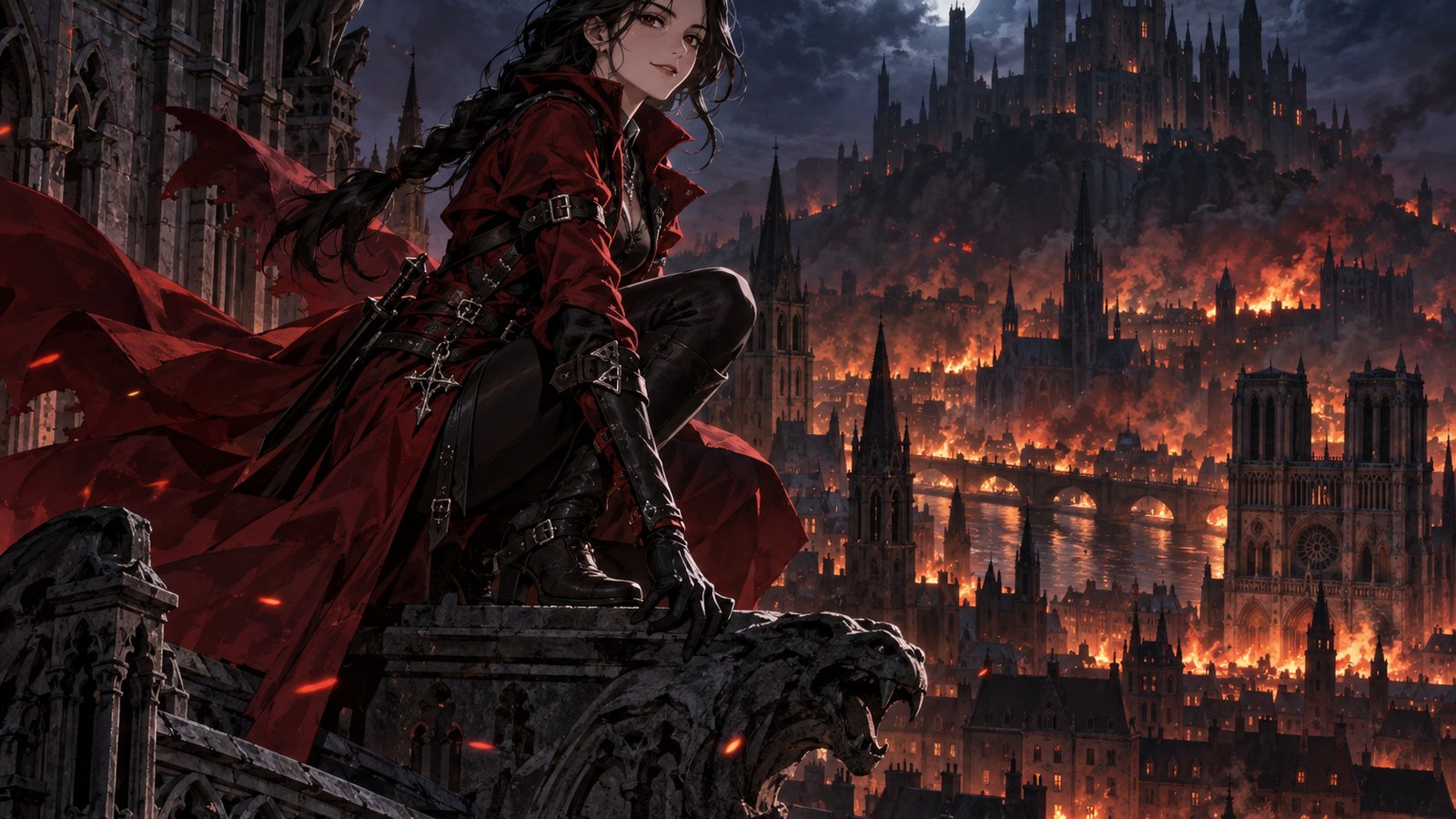 Castlevania: Belmont's Curse官方主視覺,手持長鞭的金髮獵人在紅色烈焰與交纏的怪物之間飛身躍起