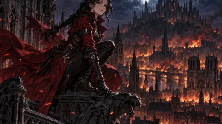 赤い炎と絡み合う怪物の間へ、鞭を持った金髪の狩人が身を躍らせるCastlevania: Belmont's Curseの公式キービジュアル