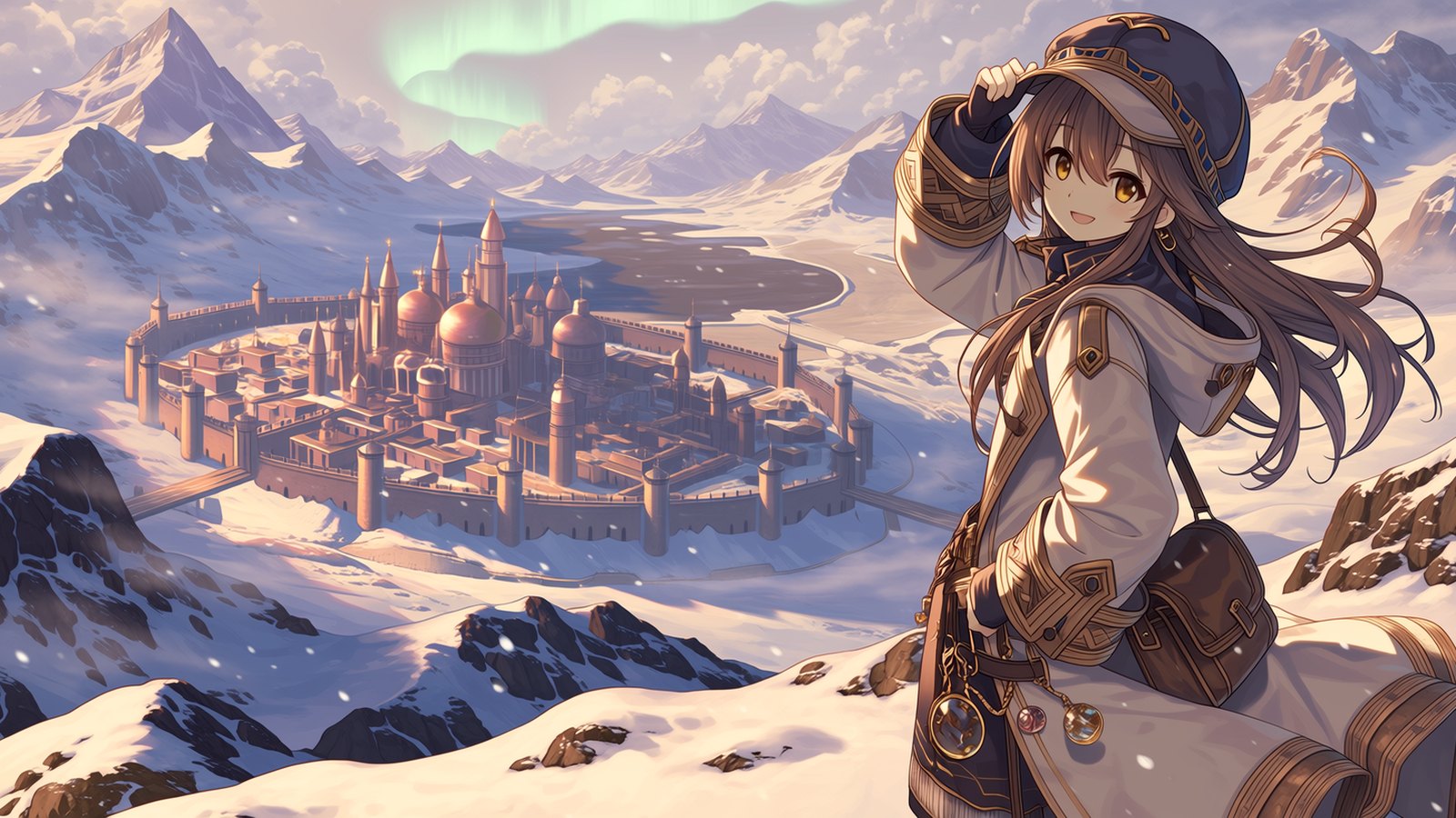 旅人在雪谷上方的山丘回眸，远处山下是铜烟囱林立的城墙都市的插画