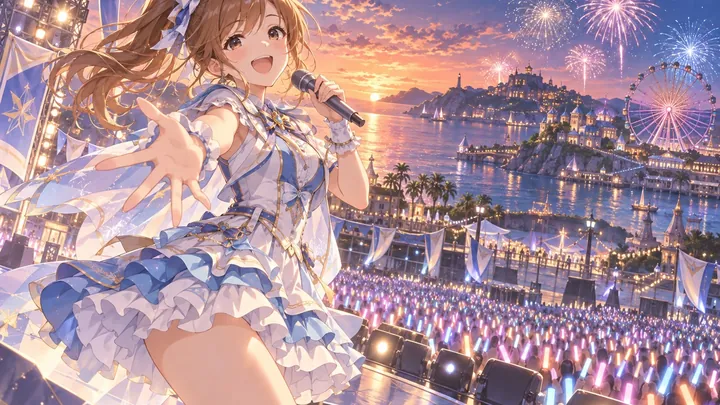 無人島に建てた夜のテーマパーク。観覧車の灯りの下、ステージへ続く道に音符の形をした照明が並ぶイラスト