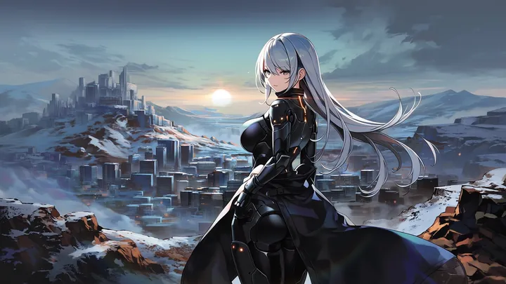 Ilustración de una guardiana androide de cabello plateado al borde de un acantilado, mirando hacia atrás por encima del hombro, con una ciudad en ruinas sepultada bajo nieve y óxido a sus pies