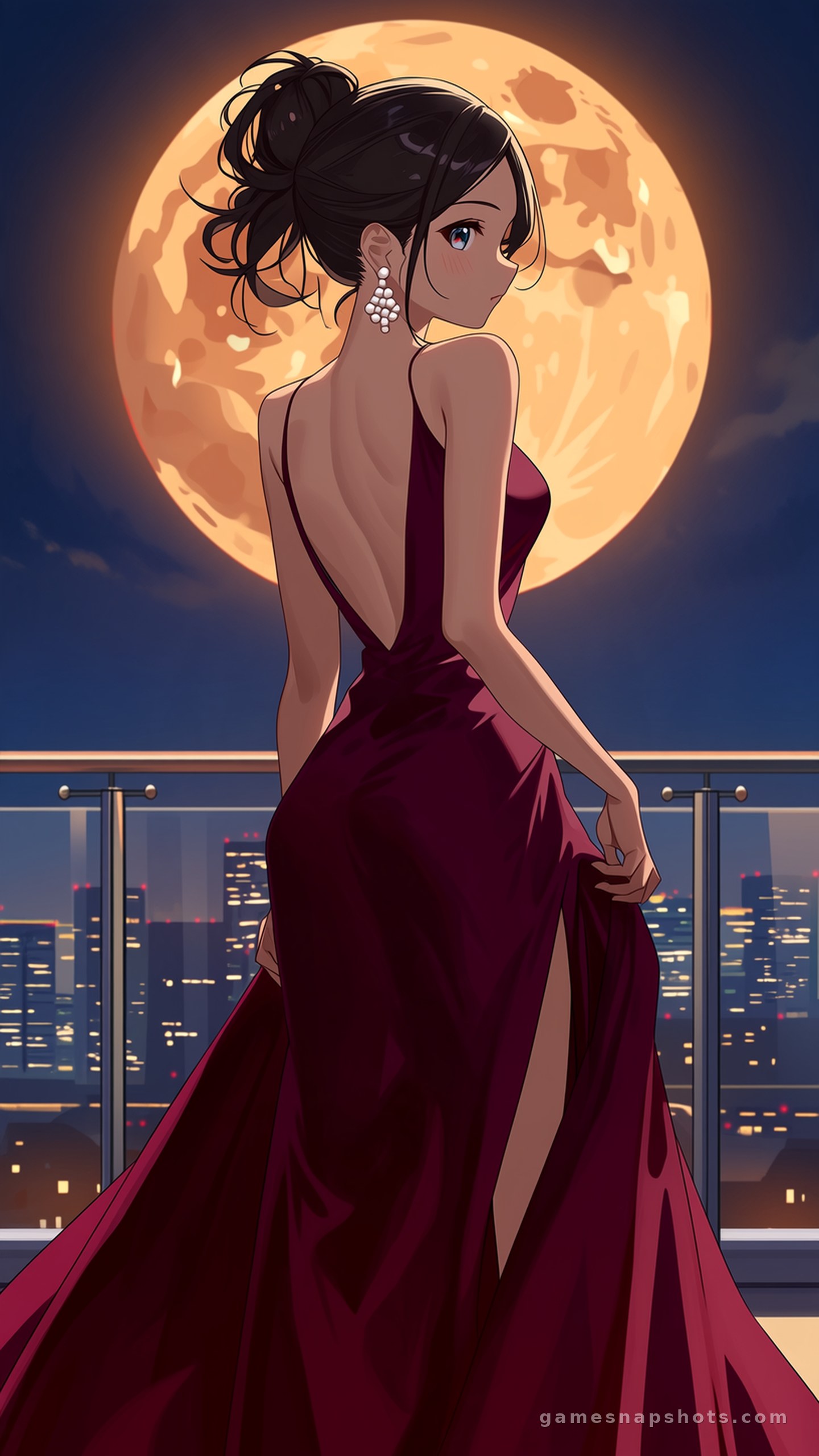A woman in a deep wine evening gown and pearl earrings stands on a glass terrace above the night city, a giant amber moon behind her