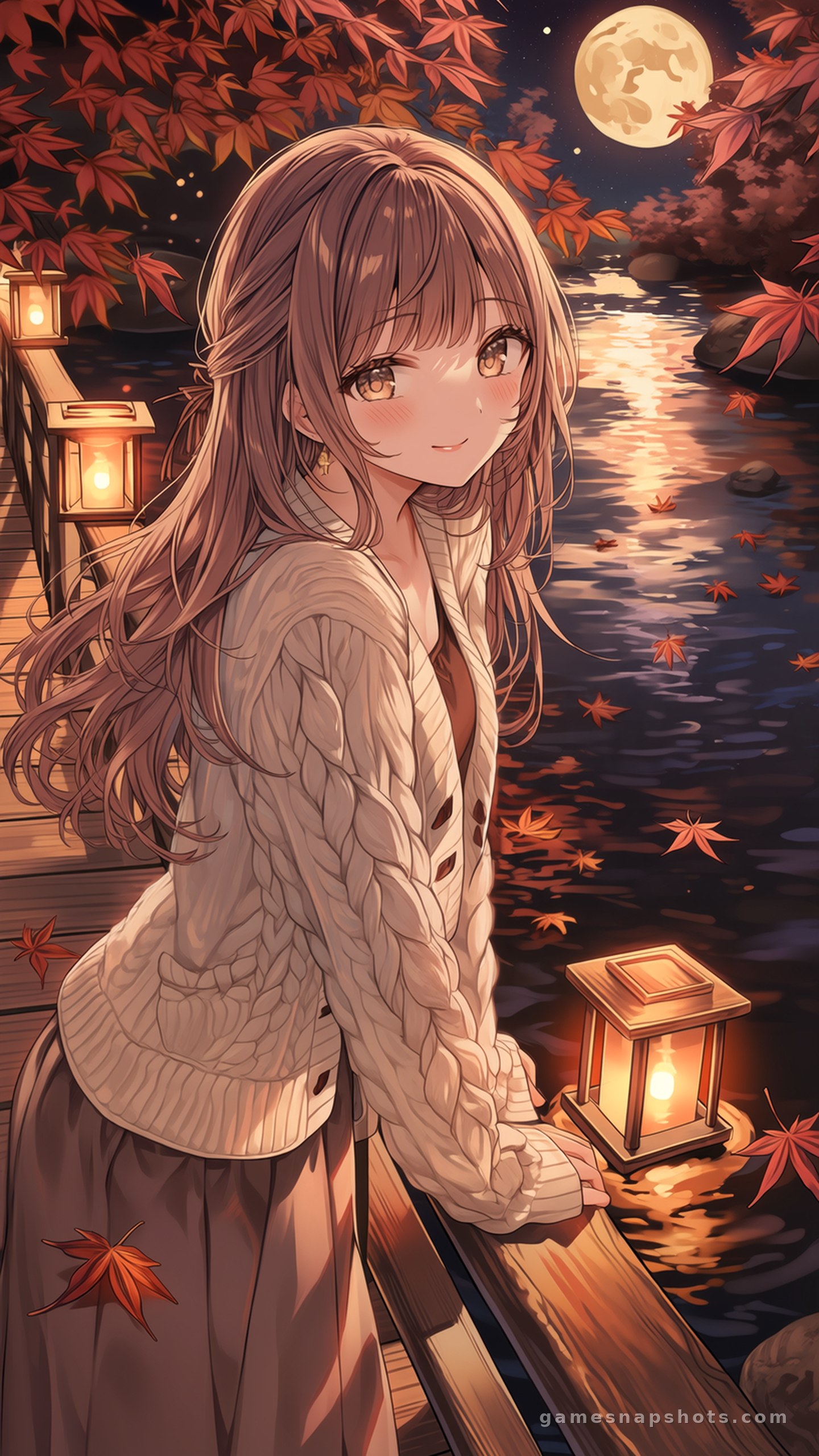 A woman with chestnut hair leans on a wooden footbridge lined with paper lanterns while maple leaves and the full moon float on the river