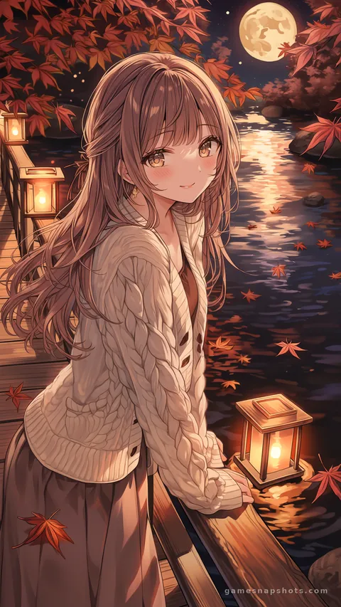 A woman with chestnut hair leans on a wooden footbridge lined with paper lanterns while maple leaves and the full moon float on the river