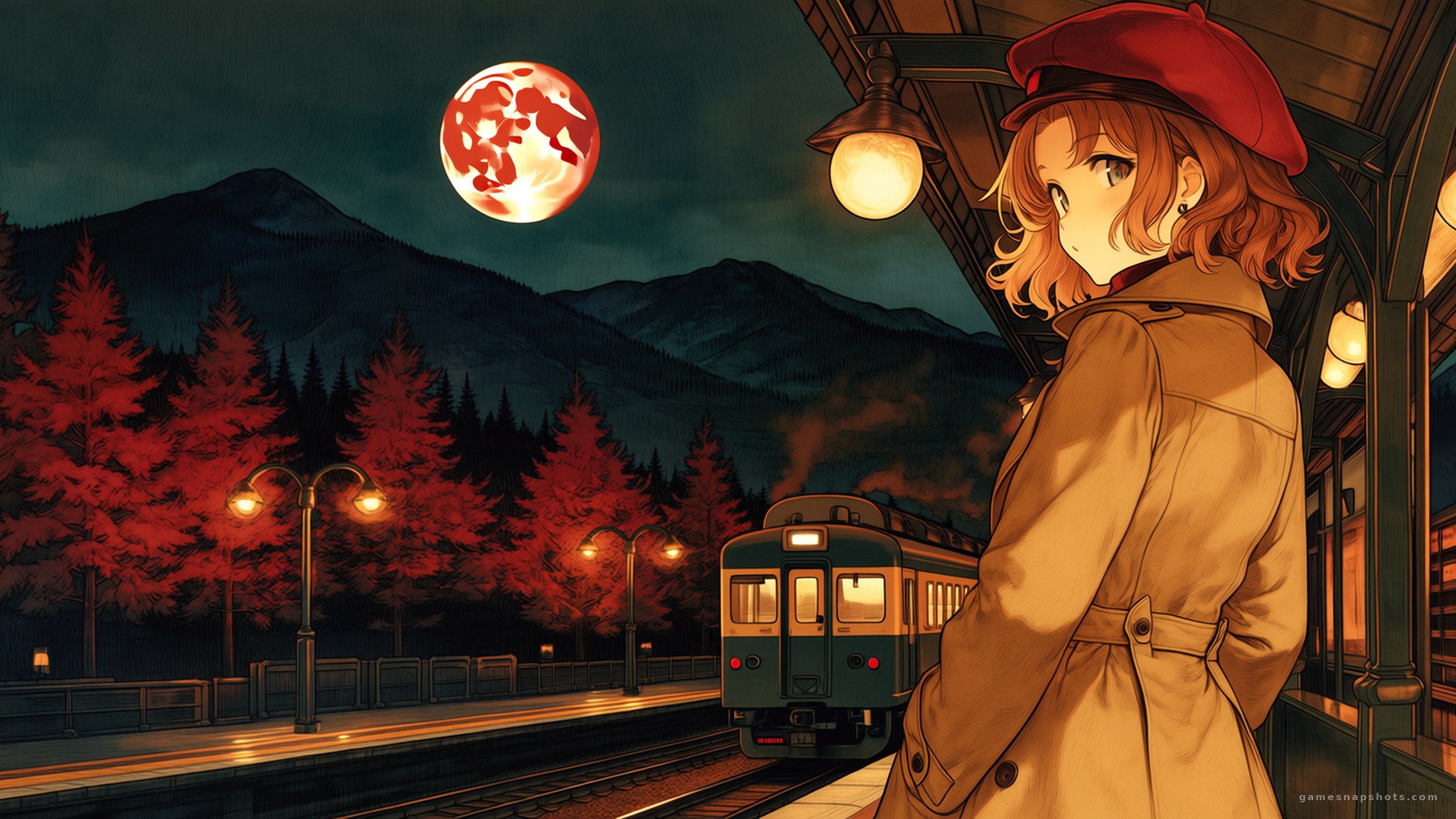 A woman in a red beret looks back over her shoulder on a country platform lined with red maples, a huge moon above the mountains
