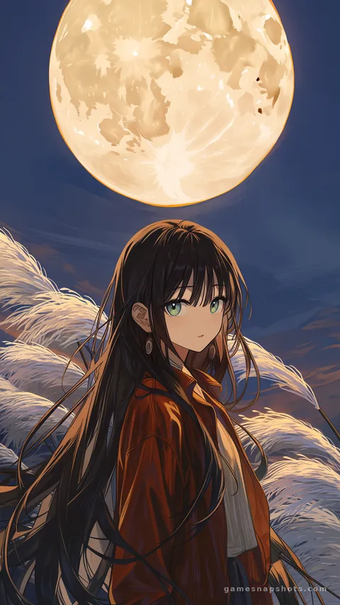 A woman with black hair in a plum silk jacket stands on a hill of silver pampas grass with a huge full moon behind her
