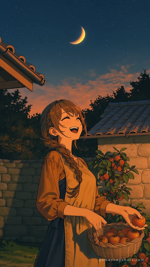 At dusk a laughing woman reaches for ripe persimmons in a courtyard with a tiled roof, the moon rising above