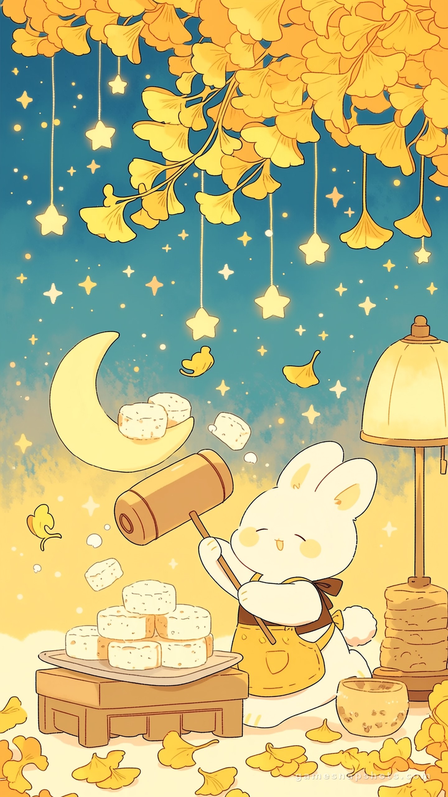 A small white rabbit in an apron pounds rice cakes with a wooden mallet on a crescent moon as ginkgo leaves fall