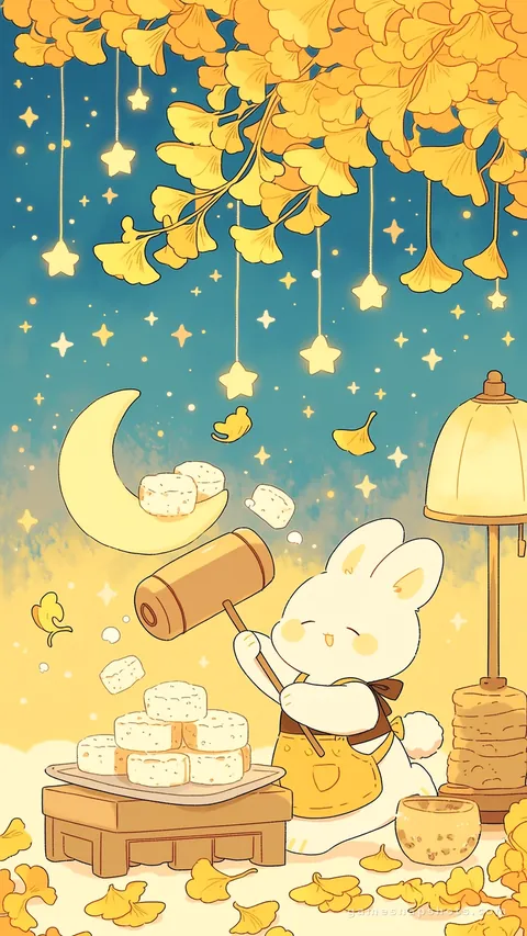 A small white rabbit in an apron pounds rice cakes with a wooden mallet on a crescent moon as ginkgo leaves fall