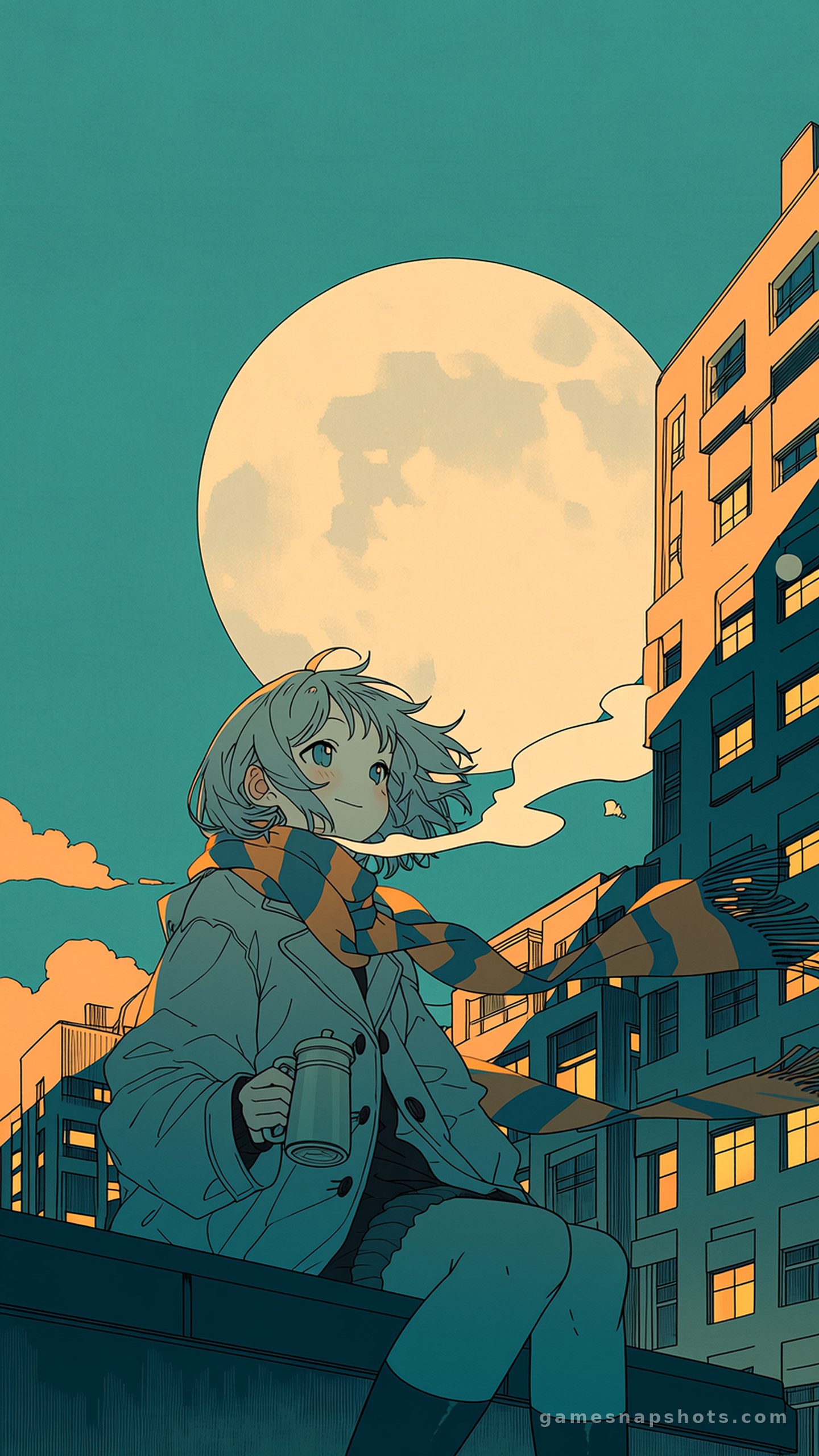 A woman with a short silver bob sits on an apartment rooftop holding a thermos of tea, a large moon hanging between two towers