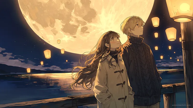 Two people stand side by side on a wooden pier looking up at an enormous harvest moon while paper lanterns drift across a still lake