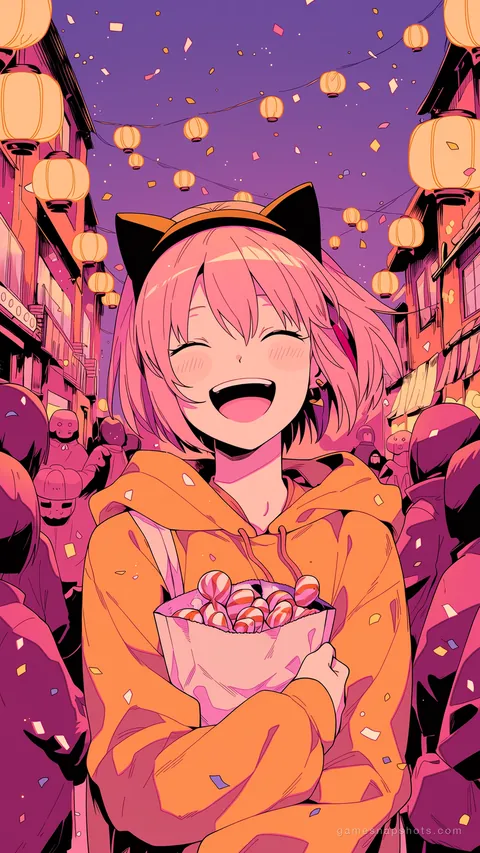 A pink-haired woman in cat ear headband and orange hoodie laughs with a bag of candy on a festival street hung with pumpkin lanterns