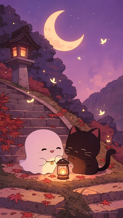 A tiny white ghost and a sleepy black cat share a lantern on the mossy stone steps of a hillside shrine