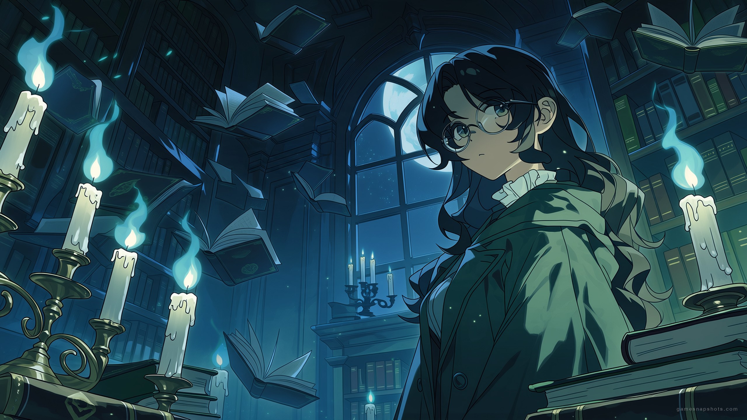 A black-haired librarian in a long emerald coat and round glasses stands in a vast haunted library with open books floating around her