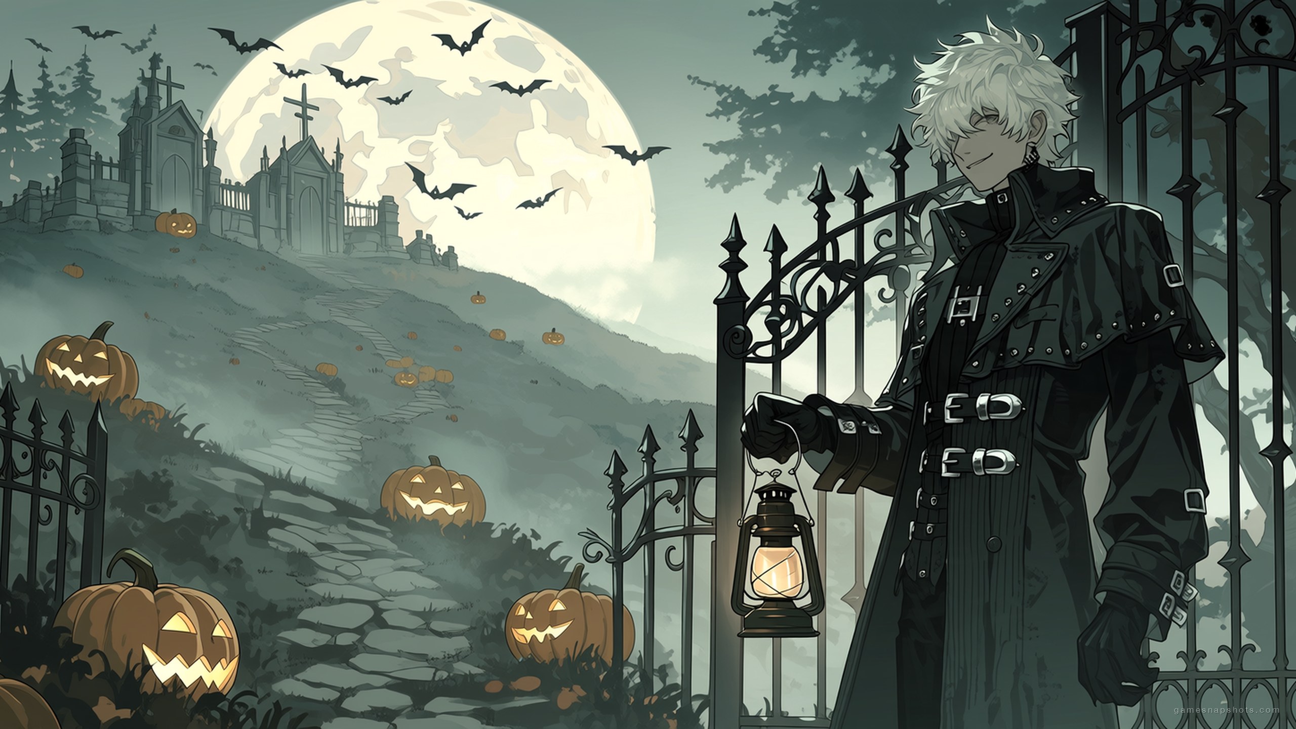 A white-haired hunter with a lantern stands at an iron cemetery gate on a foggy hill as bats cross a giant moon
