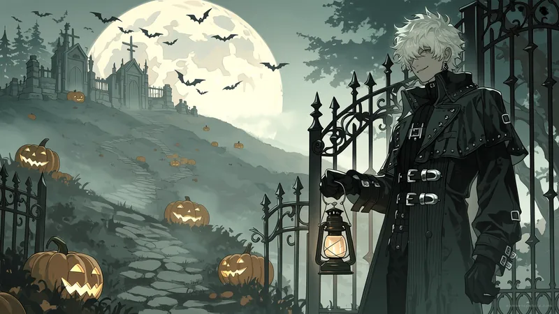 A white-haired hunter with a lantern stands at an iron cemetery gate on a foggy hill as bats cross a giant moon
