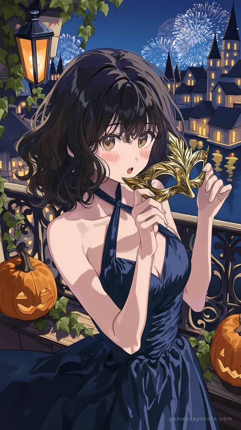 On a lantern-lit balcony a woman with dark wavy hair lowers a gold masquerade mask as fireworks burst over a castle town